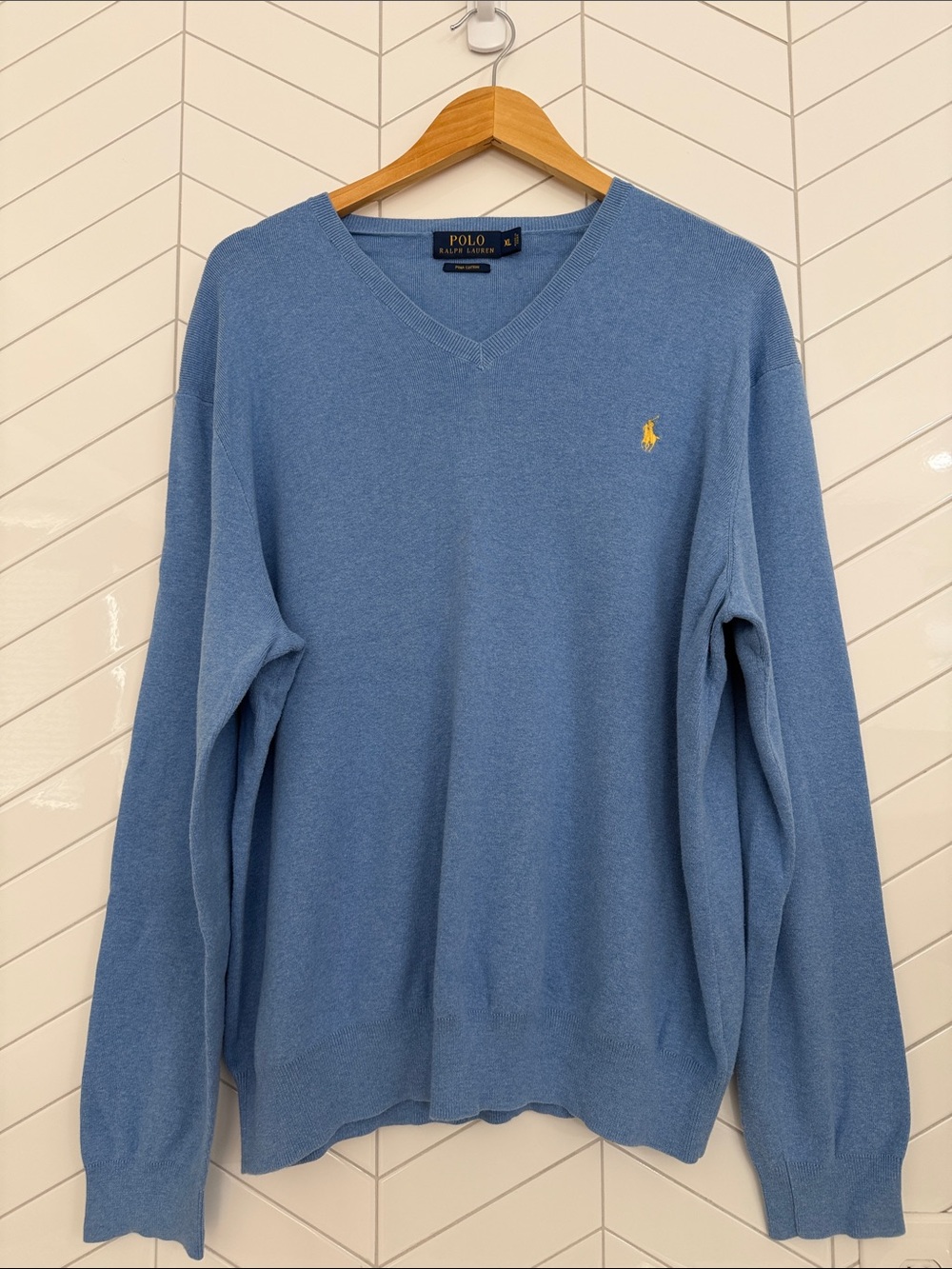 Polo by Ralph Lauren Men's Sky Blue Pima Cotton V-Neck with Yellow Pony- XL